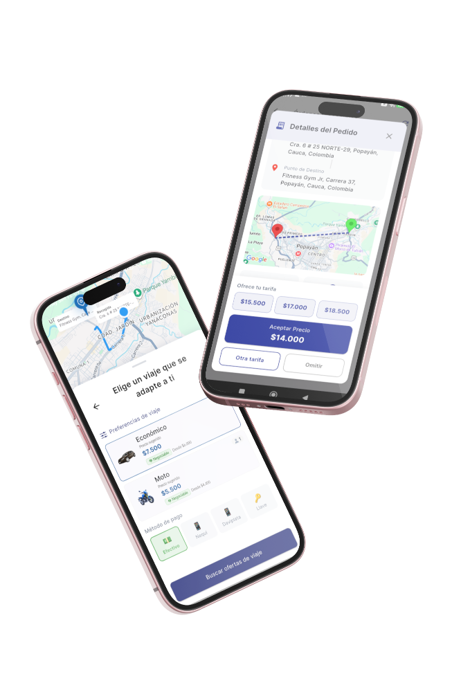 Dos pantallas de la app Roko: la selección del servicio, con el precio sugerido y la etiqueta Negociable en cada opción, y la pantalla para acordar la tarifa, donde puedes aceptar el precio propuesto, enviar otra tarifa u omitir la oferta